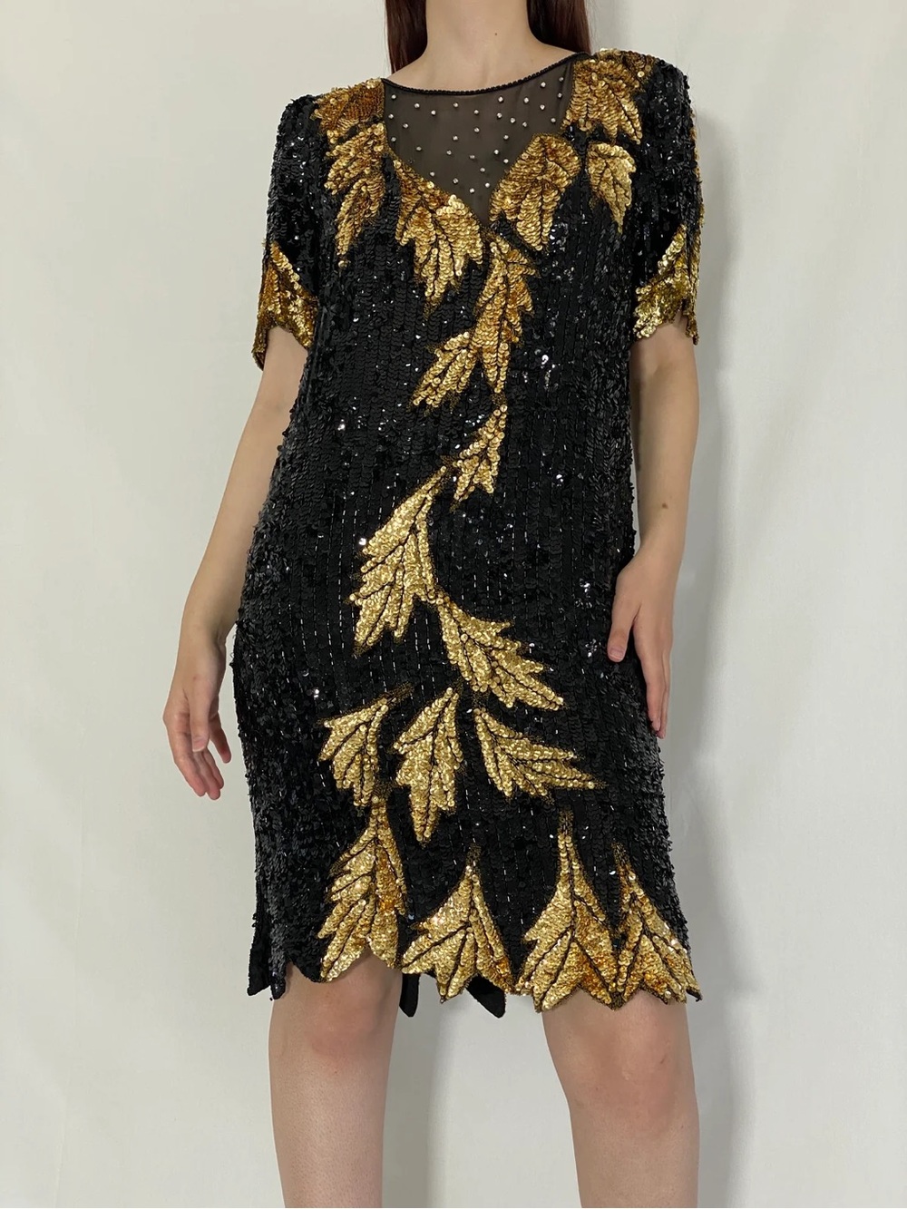 Vintage 1980s Black & Gold Sequin Leaf Cocktail Dress